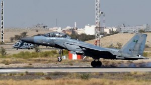 A picture taken on November 16, 2015 shows a Saudi F-15 fighter jet landing at the Khamis Mushayt military airbase, some 880 km from the capital Riyadh, as the Saudi army conducts operations over Yemen. AFP PHOTO / FAYEZ NURELDINE === PHOTO TAKEN DURING A GUIDED MILITARY TOUR === / AFP / FAYEZ NURELDINE (Photo credit should read FAYEZ NURELDINE/AFP/Getty Images)