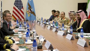 US Secretary of Defence Ash Carter (L) meets with Saudi Arabia's Defence Minister Mohammed bin Salman on the sidelines of a meeting of NATO defence ministers at the NATO headquarters in Brussels, February 11, 2016. / AFP / POOL / Virginia Mayo (Photo credit should read VIRGINIA MAYO/AFP/Getty Images)