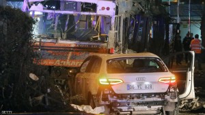 This picture taken on March 13, 2016, shows a bus and a car burnt out after a blast in Ankara. An explosion ripped through a busy square in central Ankara on March 13, killing 25 people and wounding 75 more, with local media reports describing it as an attack. Ambulances rushed to the scene of the explosion on Kizilay square, a key shopping and transport hub close to the city's embassy area. / AFP / ADEM ALTAN (Photo credit should read ADEM ALTAN/AFP/Getty Images)